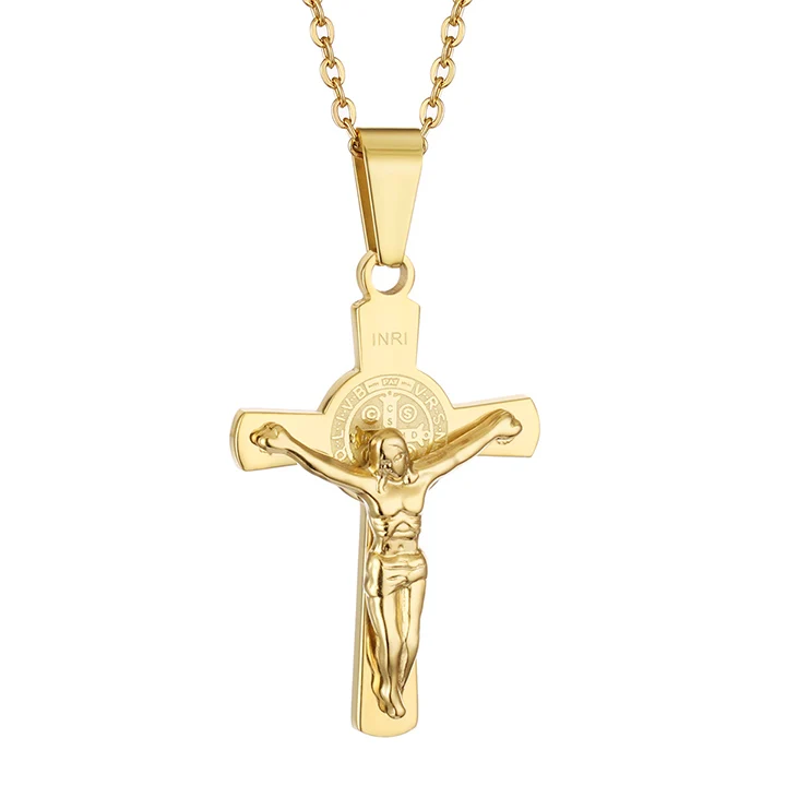 Gold Color Золотой Серебряный кулон и ожерелье с крестом INRI Jesus для женщин из нержавеющей стали, цепочка с распятием, мужское ювелирное изделие NC049 - Окраска металла: Gold Color