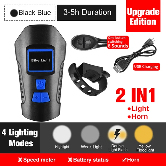 Upgrade Black Blue Водонепроницаемый велосипедный светильник, заряжаемый от USB велосипедный передний светильник, светильник-вспышка с велосипедным компьютером, ЖК-спидометр, велосипедный головной светильник - Цвет: Upgrade Black Blue
