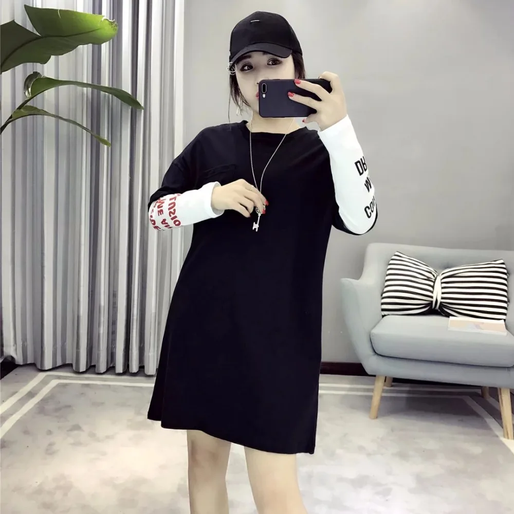 Зима Поддельные из двух частей Футболка Платье Женщины Марка Карманы О шея