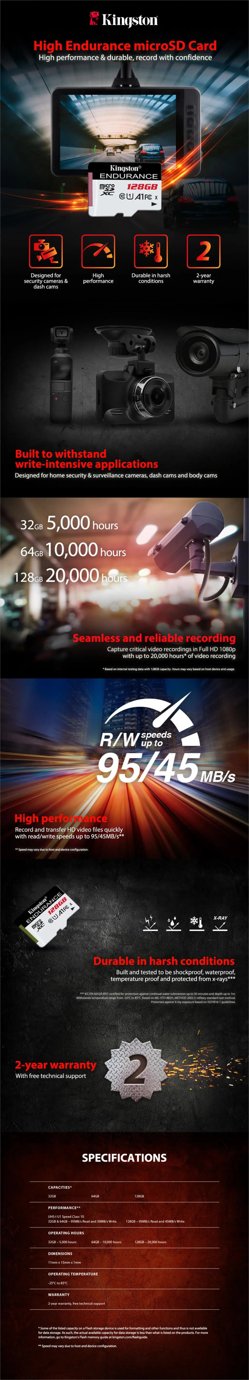 Карта памяти kingston Endurance micro sd, 32 ГБ, 64 ГБ, 128 ГБ, класс 10, A1, эксклюзивная для домашнего мониторинга, карта microsd, список