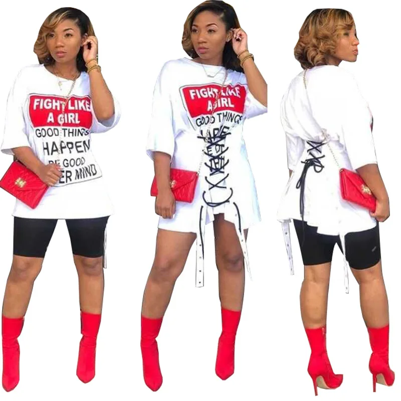 OMILKA 2018 Summer Women Half Sleeve O Neck Letter Printed Bandage T Shirt Casual Loose White Harajuku Hip Hop Tops Tees | Женская
