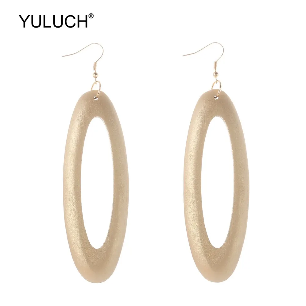 

Длинные Модные Подвесные серьги YULUCH, модные деревянные золотые полые овальные Подвесные серьги для женщин, ювелирные аксессуары