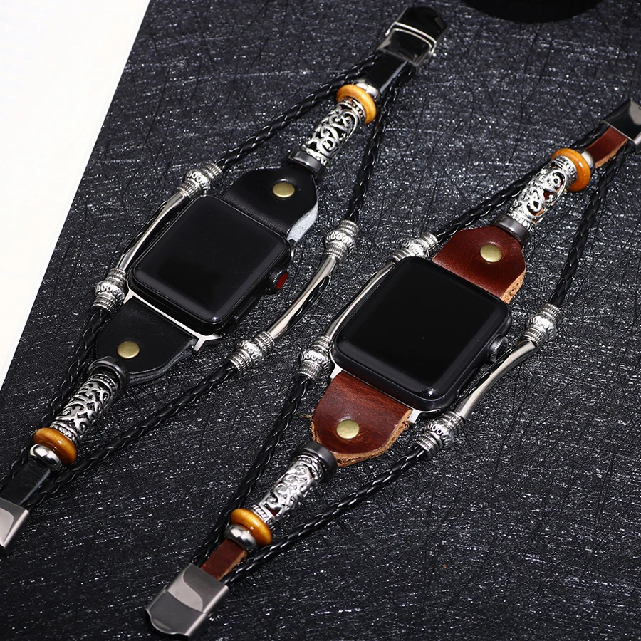 Ремешок кожаный для Apple Watch Band Series 5 4 3 2 1 44 мм 40 аксессуары в стиле ретро iWatch 42 38