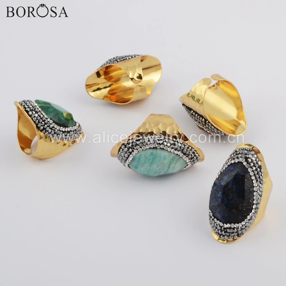 BOROSA 5PCS Natural Stone Gold Band Ring Teardrop Amethysts Malachite Jewelry Adjustable Size JAB956-1 | Украшения и аксессуары