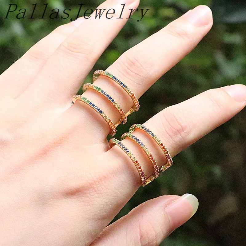 

8Pcs New fashion multi Rainbow cubic zirconia Colorful CZ line shape Finger Rings For Women Party Gold Jewelry