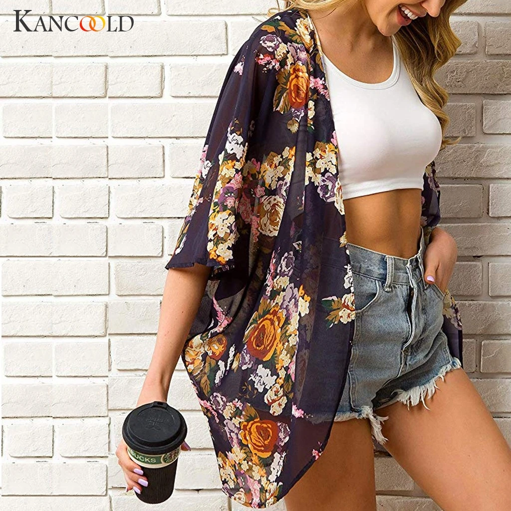 Женский кардиган с принтом KANCOOLD шифоновый пляжный коротким рукавом большие