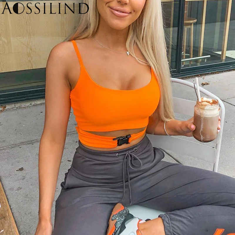 

AOSSILIND Sexy Spaghetti Strap Crop Top Women Neon Orange Buckle Sleeveless Tshirt Streetwear Summer Cropped Camis