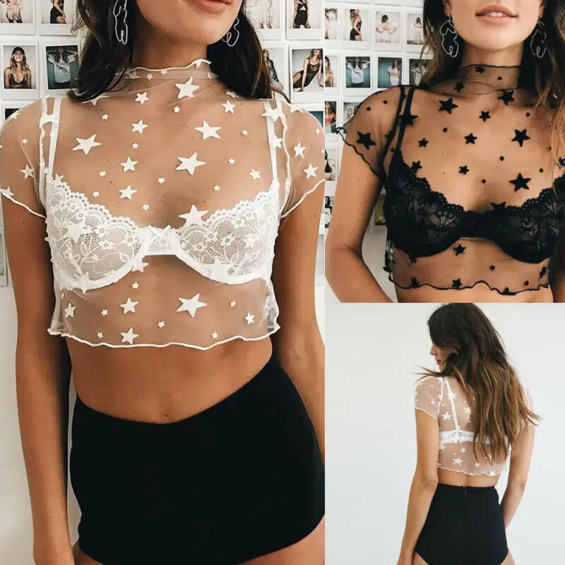 Женская кружевная прозрачная сетчатая укороченная футболка с коротким рукавом