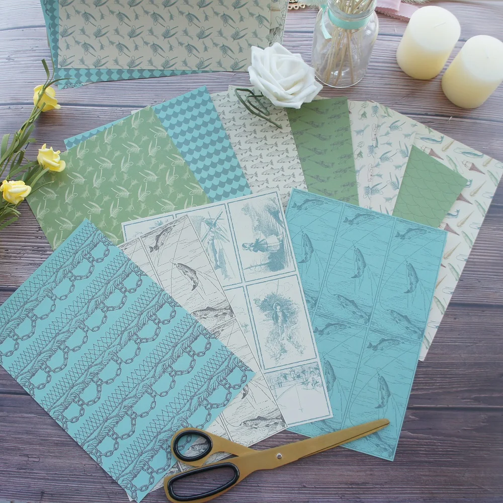 24 sheets A5 size DIY go fishing green design gift wrapping paper creative craft handmade scrapbooking kit set | Дом и сад