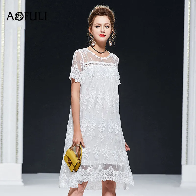 AOFULI/Брендовое летнее платье больших размеров L 5XL 2019 женские платья с коротким рукавом и вышивкой белые