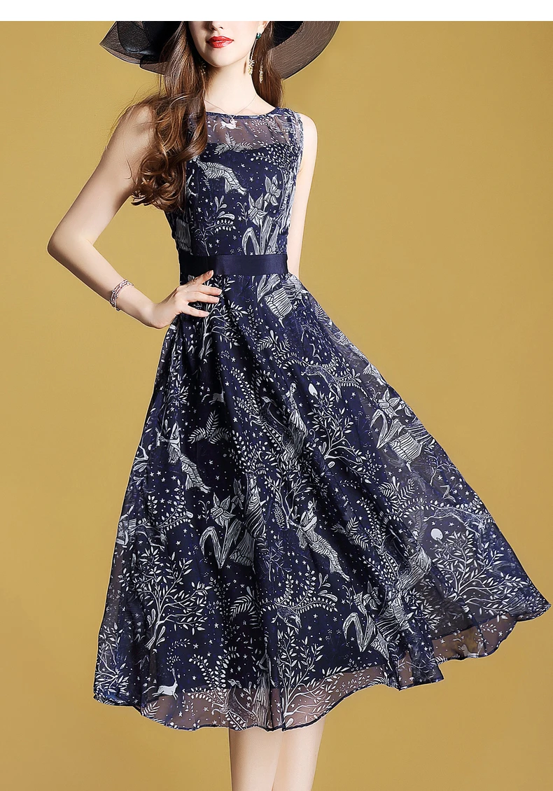 Летнее шифоновое платье 2018 новые элегантные дамы рукавов Тонкий линии Винтаж