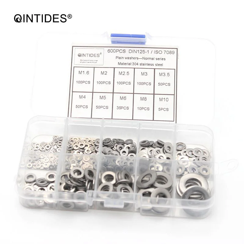 QINTIDES 600 шт./компл. DIN125 M1.6 M2 M2.5 M3 M3.5 M4 M5 M6 M8 M10 набор из нержавеющей стали с плоским