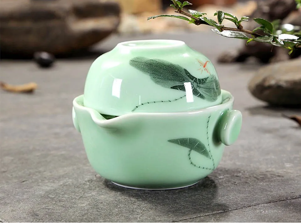 BORREY Celadon Gaiwan дорожный чайный сервиз, китайский фарфоровый чайный горшок, Набор чашек, керамический гайвань, чайный горшок, портативный чайный набор кунг-фу, Чайник Пуэр