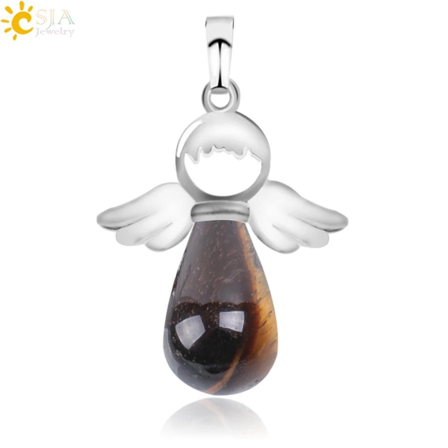 Tiger Eye CSJA, натуральные камни, ангелы, крылья, подвеска для ожерелья, розовый кварц, Ониксовые подвески, серебряный цвет, капля воды, Женские Ювелирные изделия, подарок E949 - Окраска металла: Tiger Eye