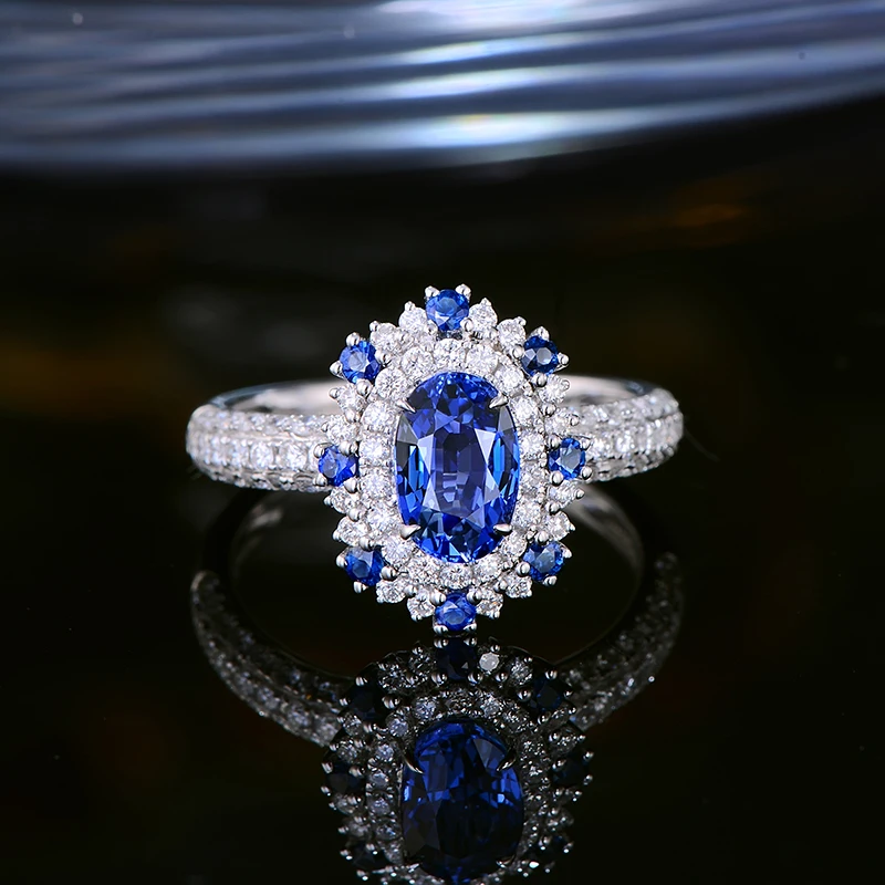 CaiMao 1.57ct кольцо из натурального сапфира с бриллиантами Halo 18kt Белое золото обручальные свадебные украшения