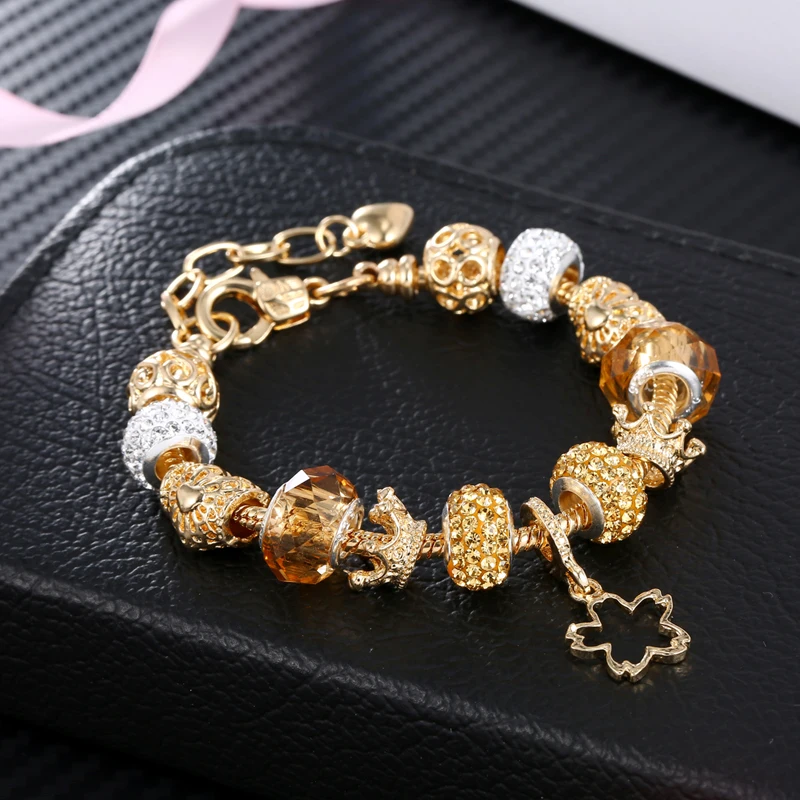JKJ Silver Plated 925 Crown Beads Key Crystal Love Heart Charm Bracelet Fits Pendant For Women DIY Jewelry gifts | Украшения и