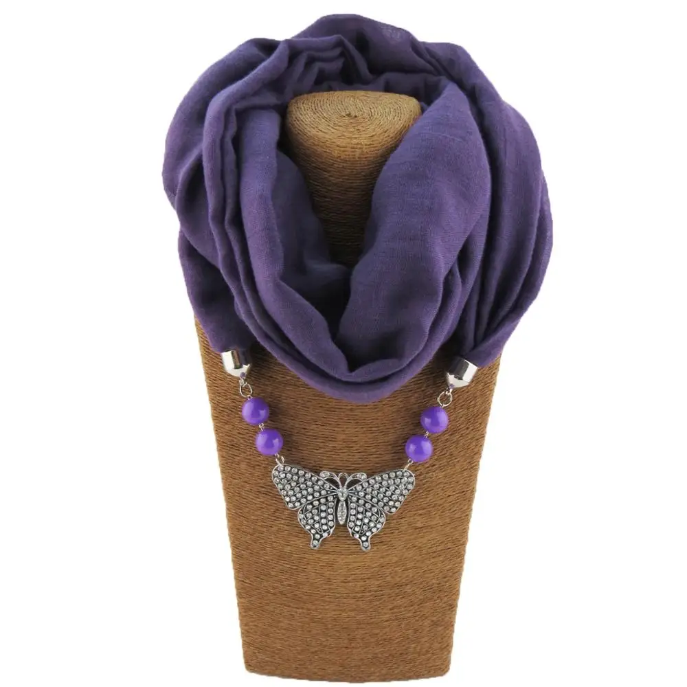 Solid color chiffon hijab handkerchief small fresh butterfly with beads pendant ladies scarf jewelry free shipping |