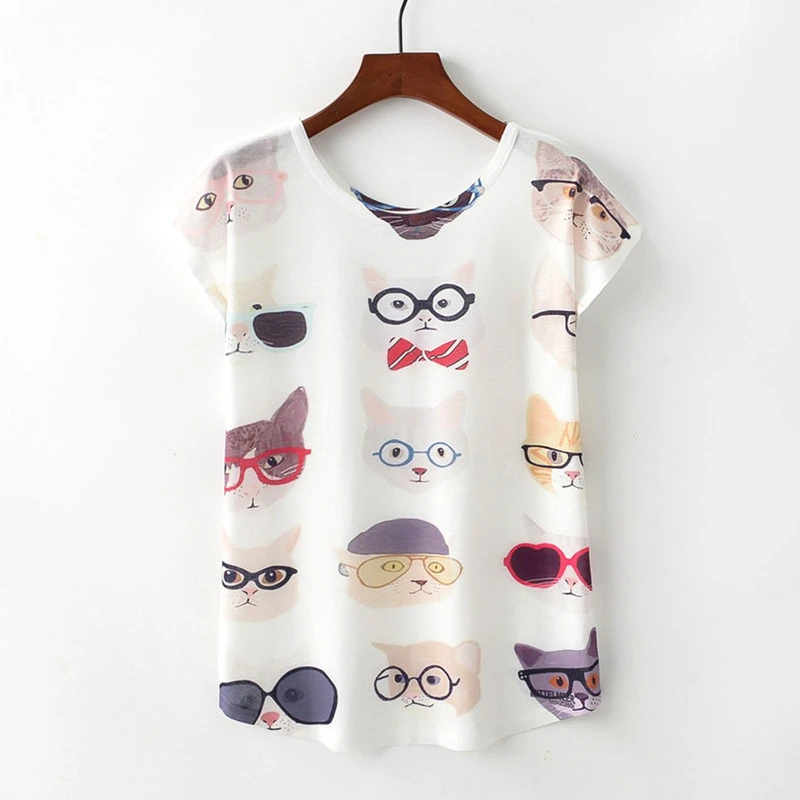 2019 summer new glasses cat expression package round neck short sleeve loose women's T-shirt fashion shirt | Женская одежда