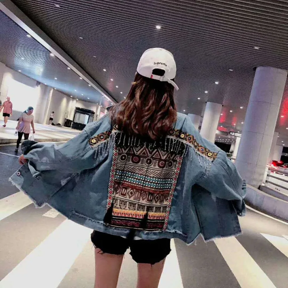 

New Denim Female Jacket Autumn Vintage Ethnic Appliques Embroidery Tassel Loose Coat Long Sleeve Outerwear Jacket Women JK711
