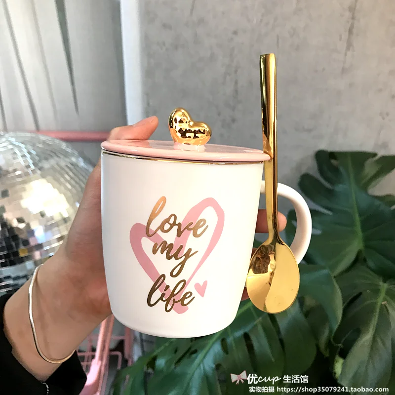 380 мл милая розовая трехмерная позолоченная керамическая чашка с сердечком для