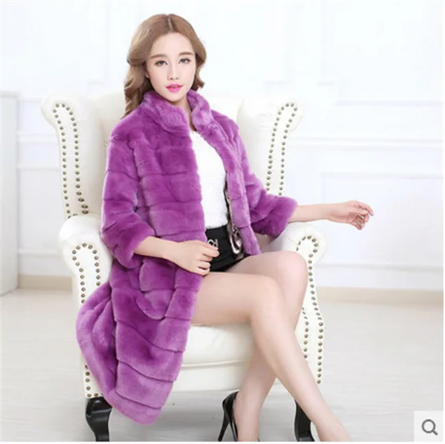 Women Faux Rex Rabbit Fur Coat N1