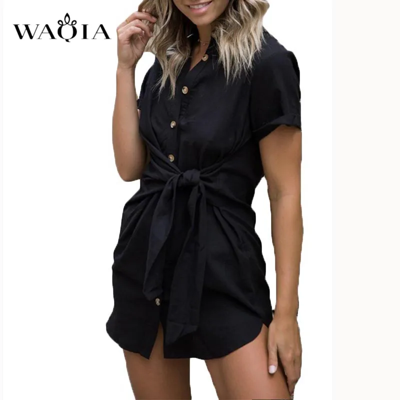 WAQIA 2019 Весна Лето Женское Платье-рубашка с коротким рукавом модное женское