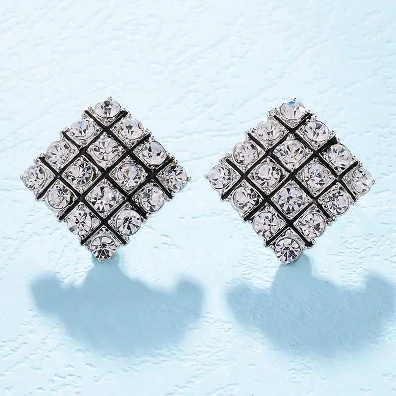New Korean Temperament OL Square Stud Earrings For Women Fashion Sparking Rhinestone Enamel grid Geometry Earring jewelry | Украшения и