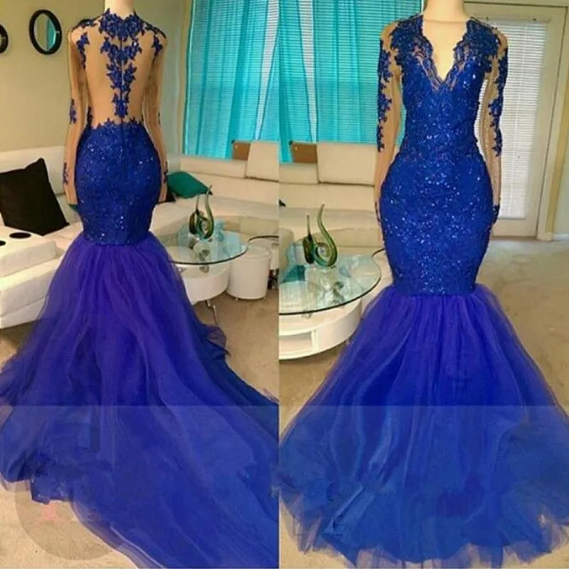 

abiye Mermaid Evening Gowns Royal Blue Sexy Robe De Soiree Elegant Long Sleeves Evening Dress Formal Dresses Custom Made Tulle