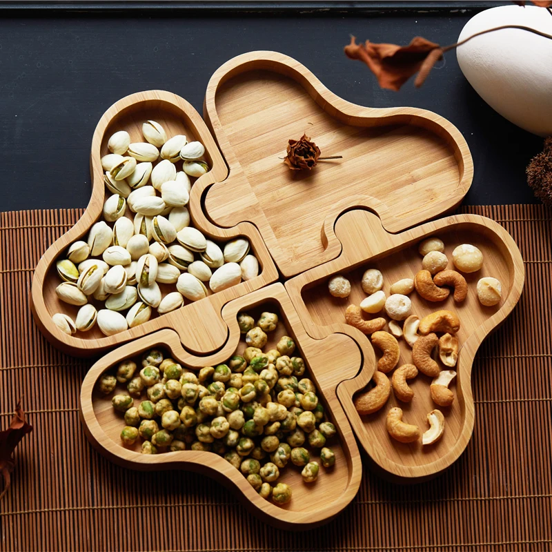 

Creative Puzzle Bamboo Snacks Plates Home Use Eco Multi-Function Serving Trays Japan Style Divided Nuts/Desserts Plates