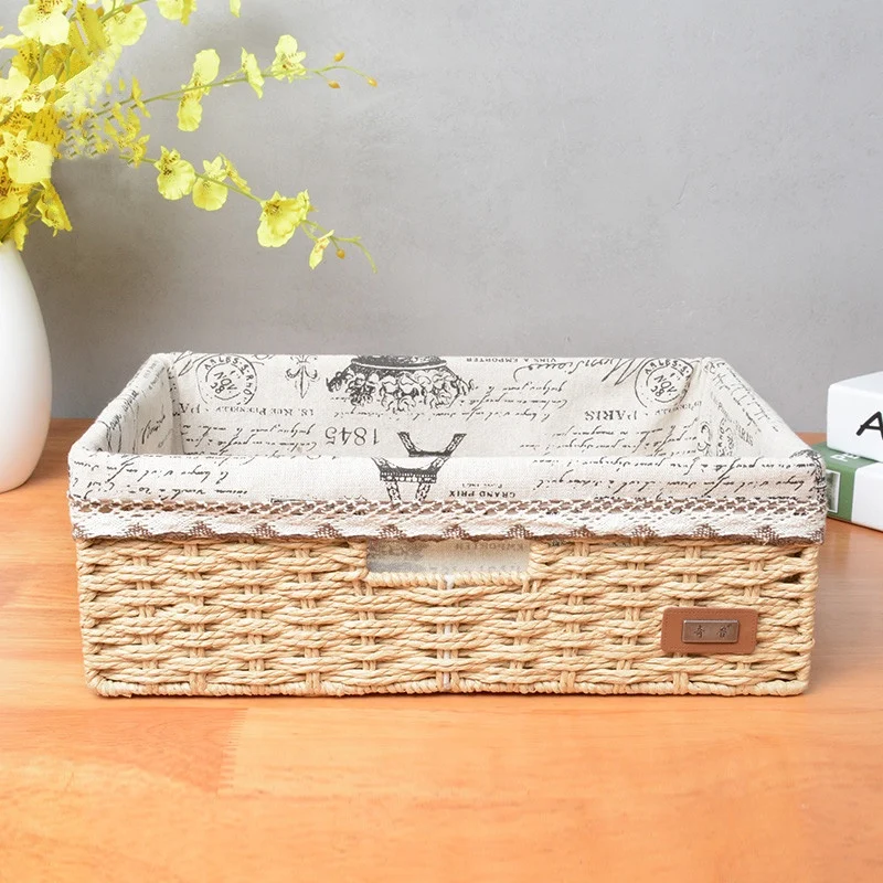 Baskets organizer straw storage snack drawer boxes paper string weave basket hand made craft steel frame household | Дом и сад