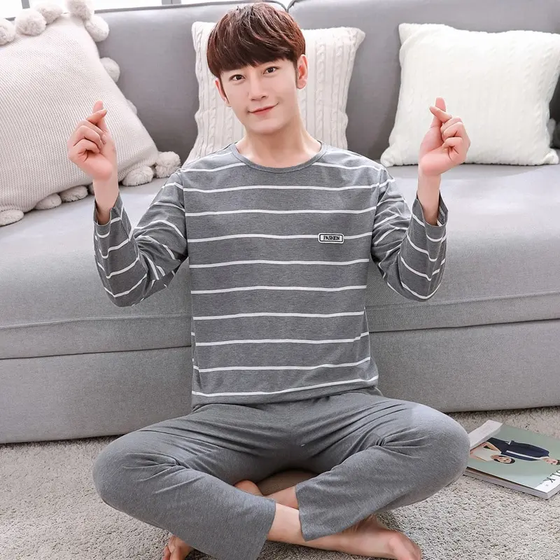 2019 Spring Autumn Thin Cotton Casual Striped Pajamas Sets for Men Long Sleeve Pyjama Sleepwear Homewear male Loungewear Clothes | Мужская