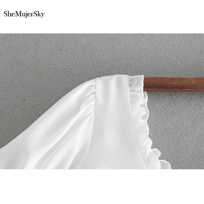 Женская короткая шифоновая блузка SheMujerSky белая с оборками и коротким рукавом