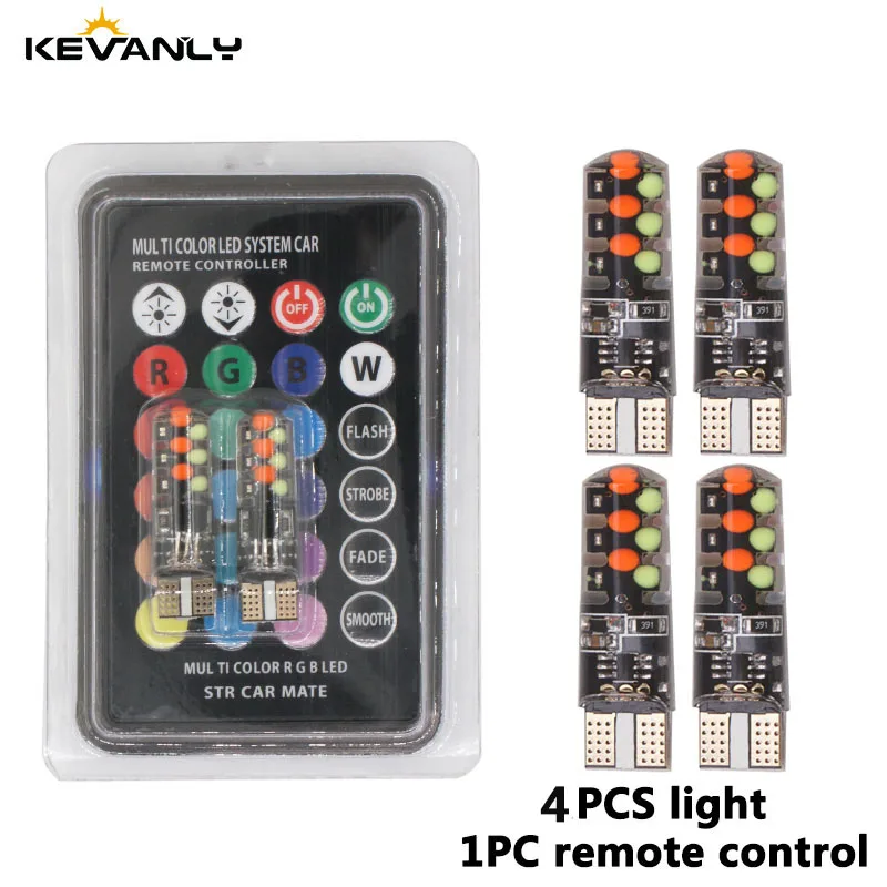 1 Remote 4pcs T10 Цветная(RGB) светодиодный T10 W5W светодиодный 194 168 W5W 5050 SMD Купол автомобилей чтение светильник автомобилей Клин лампа RGB светодиодный светодиодные лампочки с пульта дистанционного управления 12V - Испускаемый цвет: 1 Remote 4pcs T10