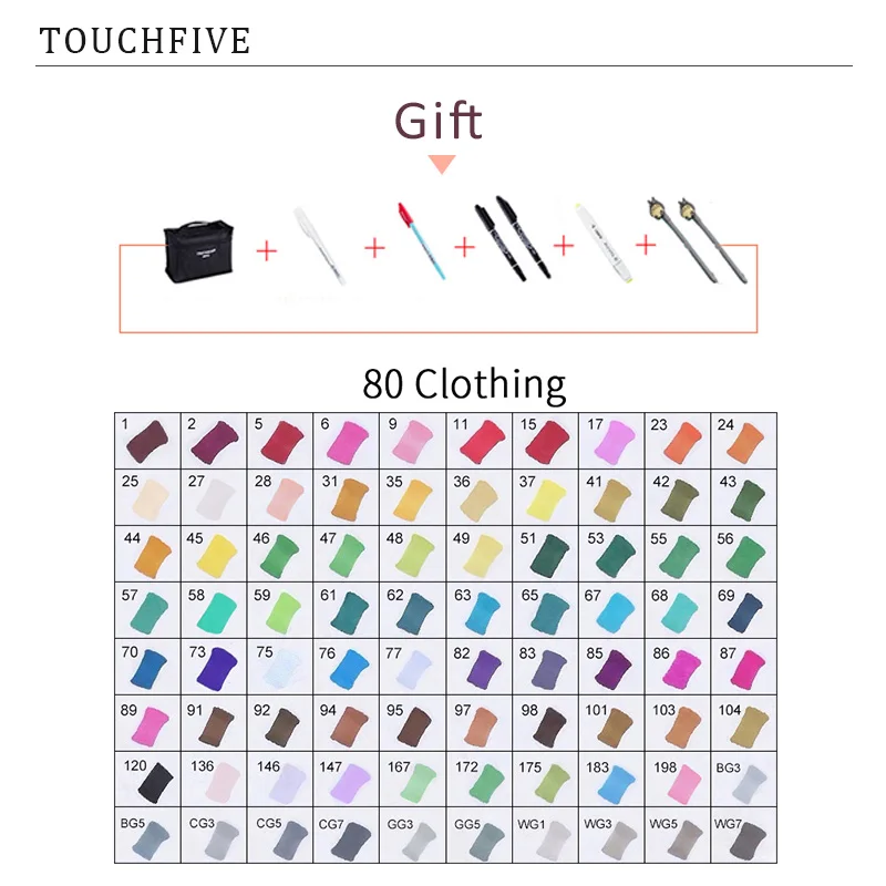 80 CLOTHING TouchFIVE 20 Вт, 30 Вт/40/60/80 Цвет маркеры манга рисунок Маркеры Ручка на спиртовой основе эскиз жирной двойной кисть товары для рукоделия - Цвет: 80 CLOTHING