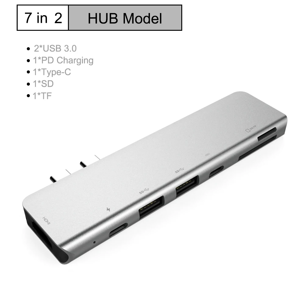 7 in 2 USB-C HUB Multi USB C HUB to HUB USB 3.0 HDMI 4K /SD/TF Card Reader/ PD charging Audio /RJ45 Adapter for MacBook Pro type c usb splitter - Цвет: 7 in 2 USB-C HUB