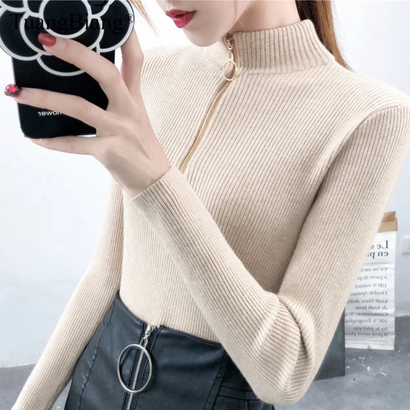 Повседневный свитер на молнии Женская водолазка с длинным рукавом осенние