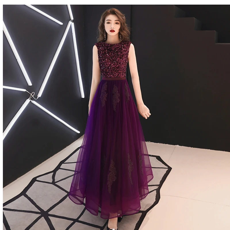 

Prom Dresses Purple O-neck Sequin Sleeveless Long Dresse Women Party Night Embroid Tulle Vestidos De Gala Plus Size 2019 E462