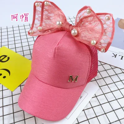 Childrens mesh Металлическая буква M Lron кольцо розовая Классическая 8 панель женская бейсболка женская Молодежная Snapback высокое качество бант жемчуг детская бейсболка - Цвет: Childrens mesh