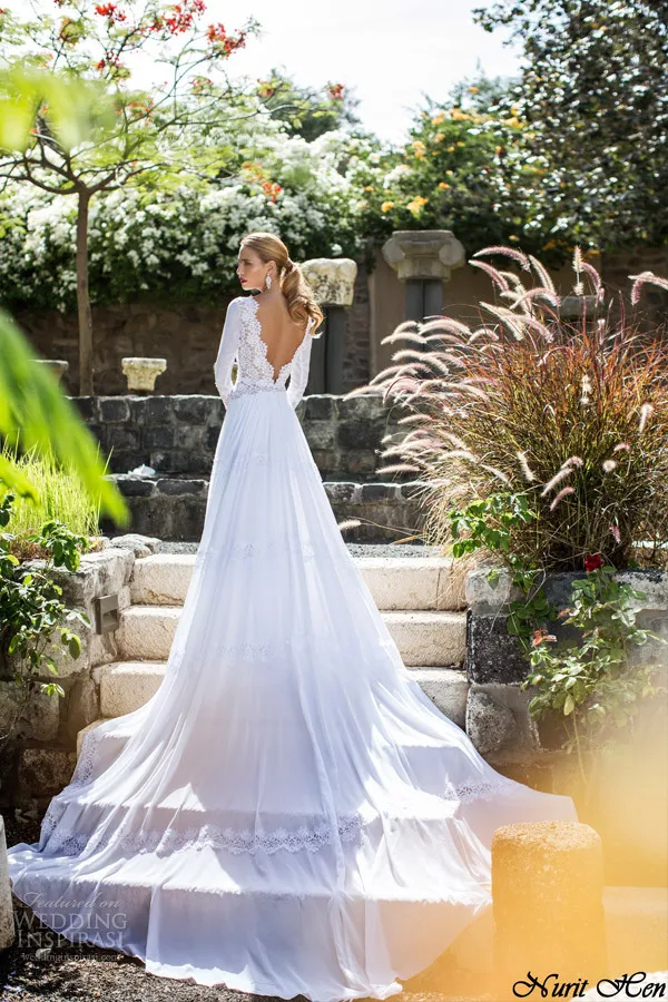 С длинным рукавом белый Nurit курица свадебные платья 2014 Vestido де Noiva Casamento