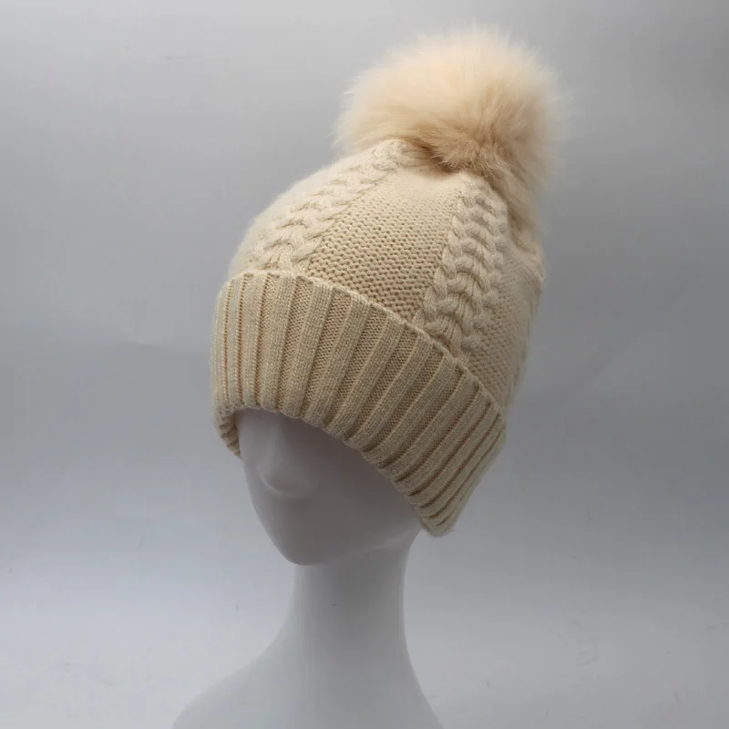 Женские шерстяные шапки Skullies шапочки 15 см с помпоном из лисьего меха женские