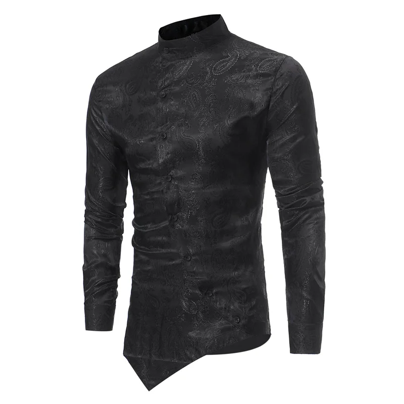 Black Мужская рубашка с узором пейсли,, необычная, Косой Подол, светская рубашка, мужская повседневная рубашка на пуговицах, приталенная рубашка с длинным рукавом, Chemise Homme - Цвет: Black