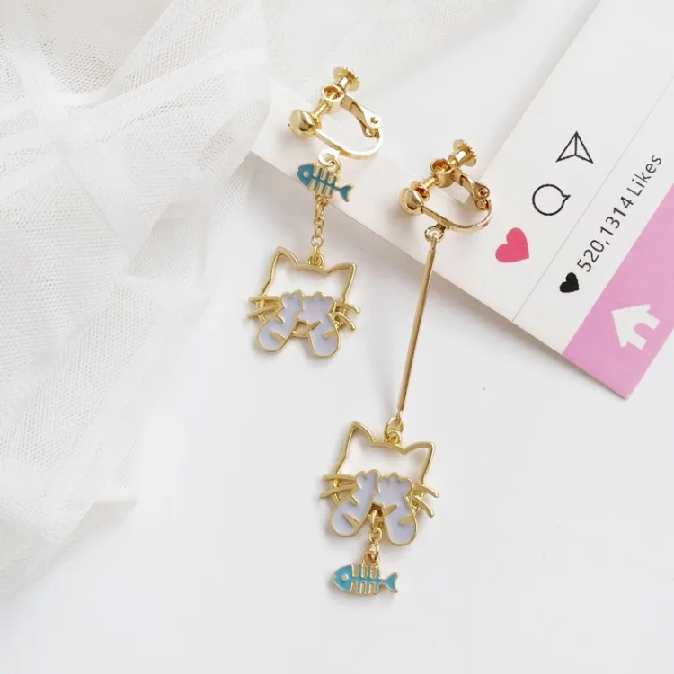 Clip Earrings Cat Забавная Асимметричная заколка кролик серьги без пирсинга летние модные Животные Детская клипса серьги - Окраска металла: Clip Earrings Cat