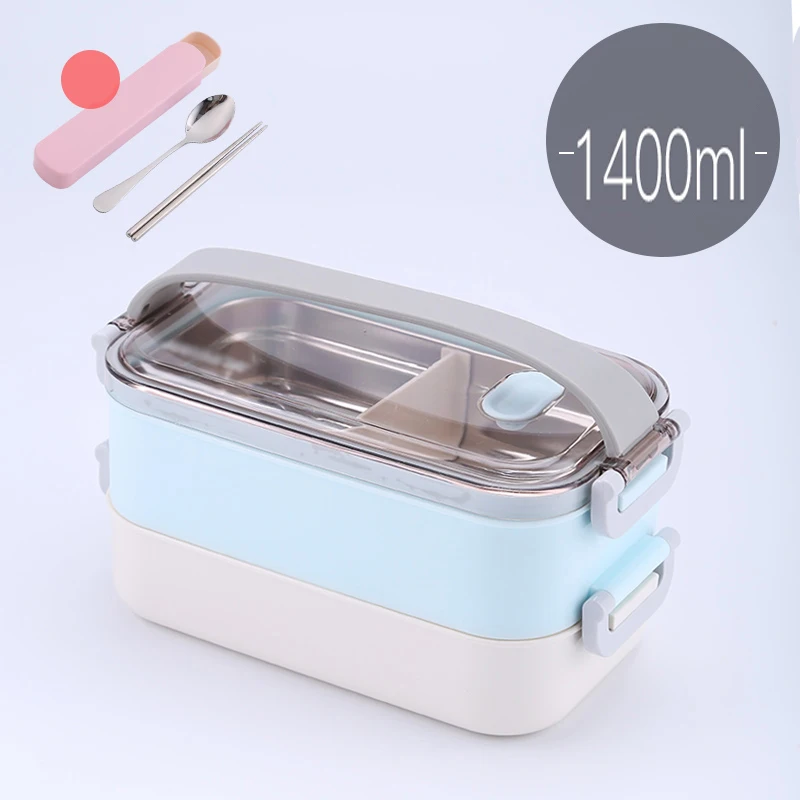 2 layer Blue 1 Горячая Распродажа для микроволновой печи герметичный Ланч-бокс пластиковый из нержавеющей стали Портативный пищевой контейнер с отделениями Бенто-бокс для пикника набор - Цвет: 2 layer Blue 1