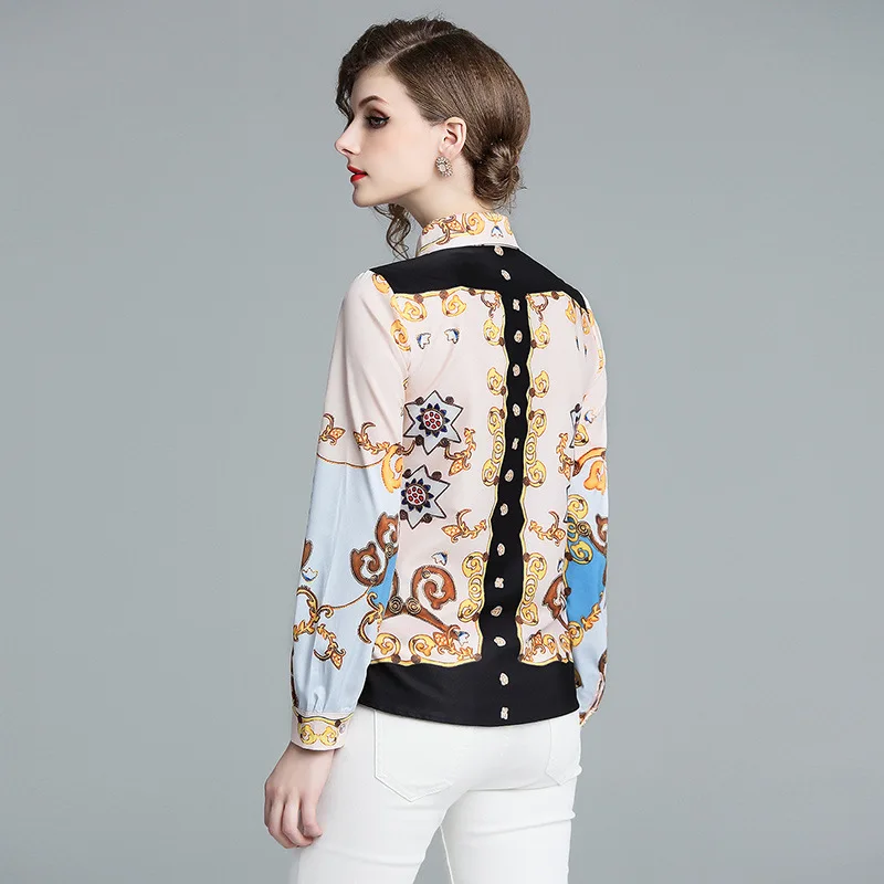 Womans Printed Long Sleeve Bow Collar Slim Shirt Tops Vintage 2018 Autumn Women's Runway big Size Shirts Blouses H6-6123 |