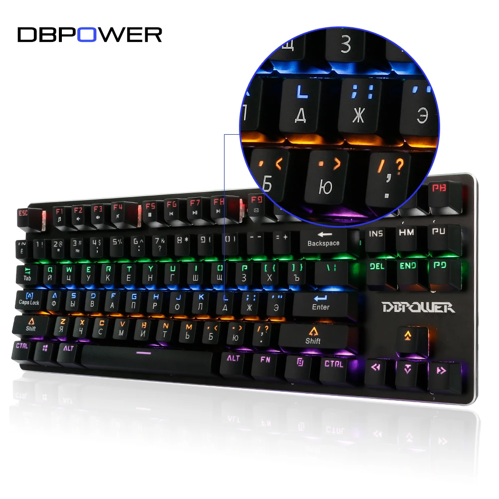 Dbpower русский механическая клавиатура Радуга со светодиодной подсветкой 87keys