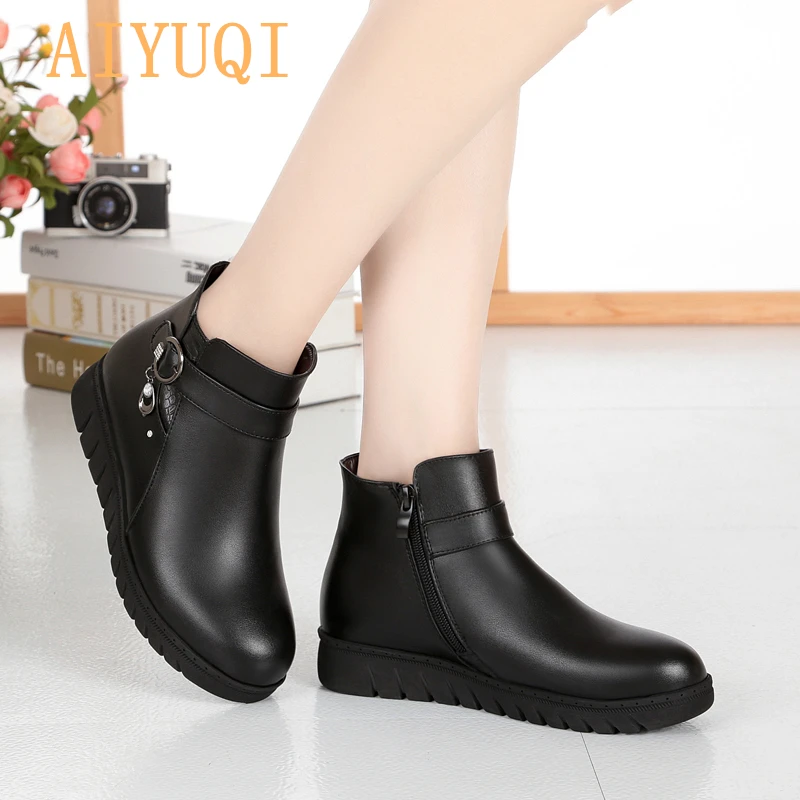 AIYUQI Black ankle boots Women's snow boots genuine leather women winter boots large size Australia wool boots