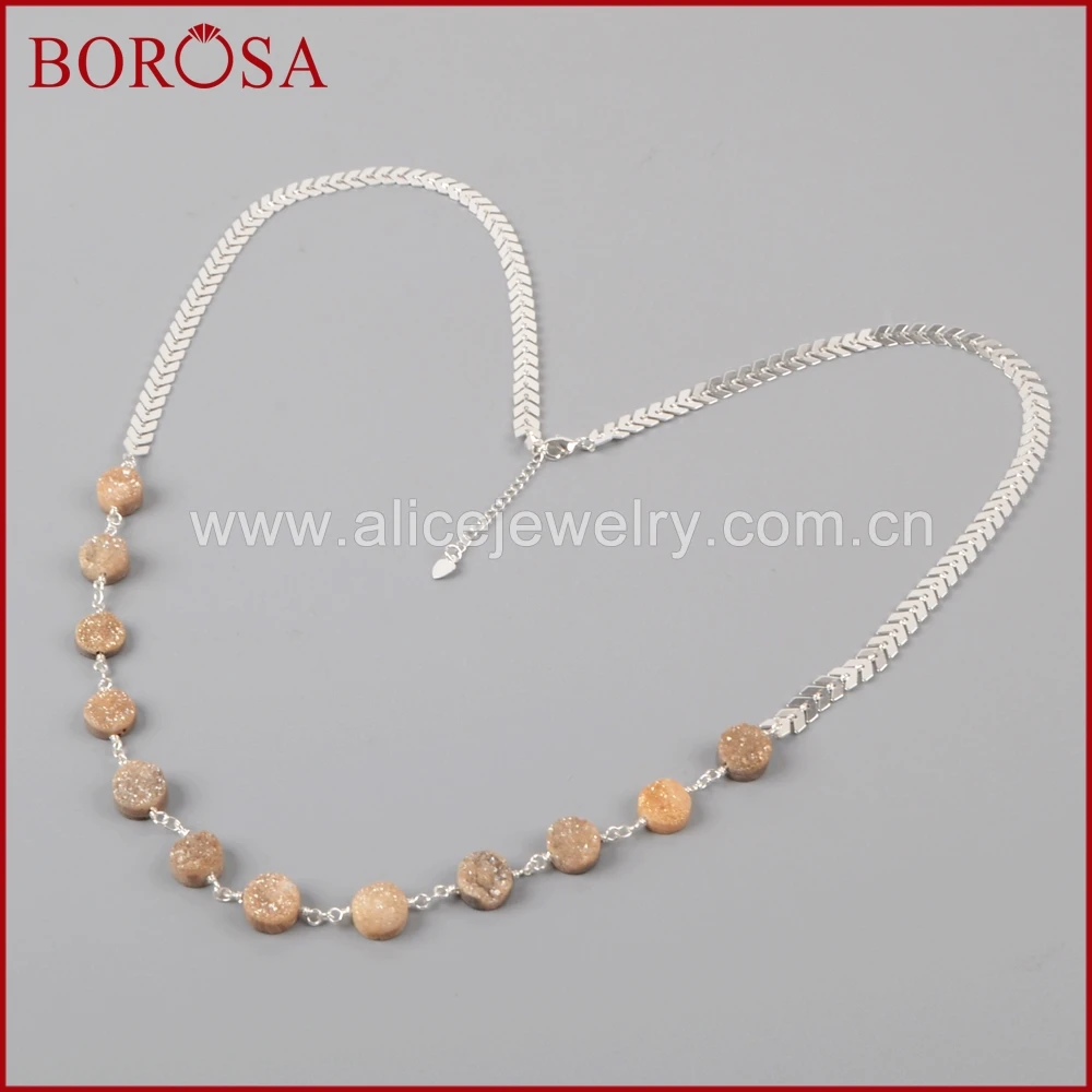 Borosa круглый Drusy Серебряный Цвет Цепочки и ожерелья стильный Бусины Цепи