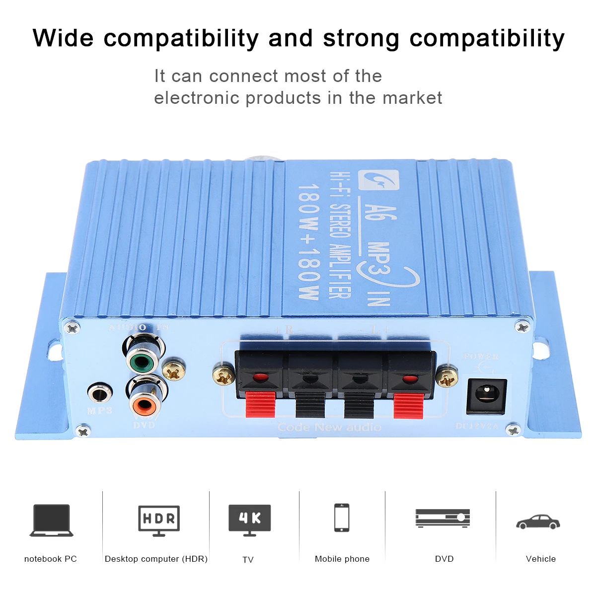 Автомобильный усилитель A6 DC12V 2,0 двухканальный MP3 Hi-Fi стерео усилитель 180 Вт 3,5 мм AUX Jack для автомобиля PC Динамик CD сабвуфер для мотоцикла