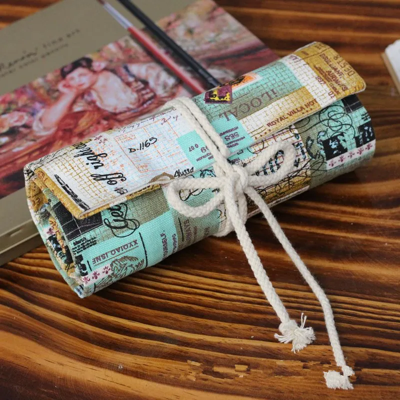 

Cotton Canvas Pencil Curtain Storage Bag 36/46/72 Hole Pen Shade Vintage Stamp 1114-10