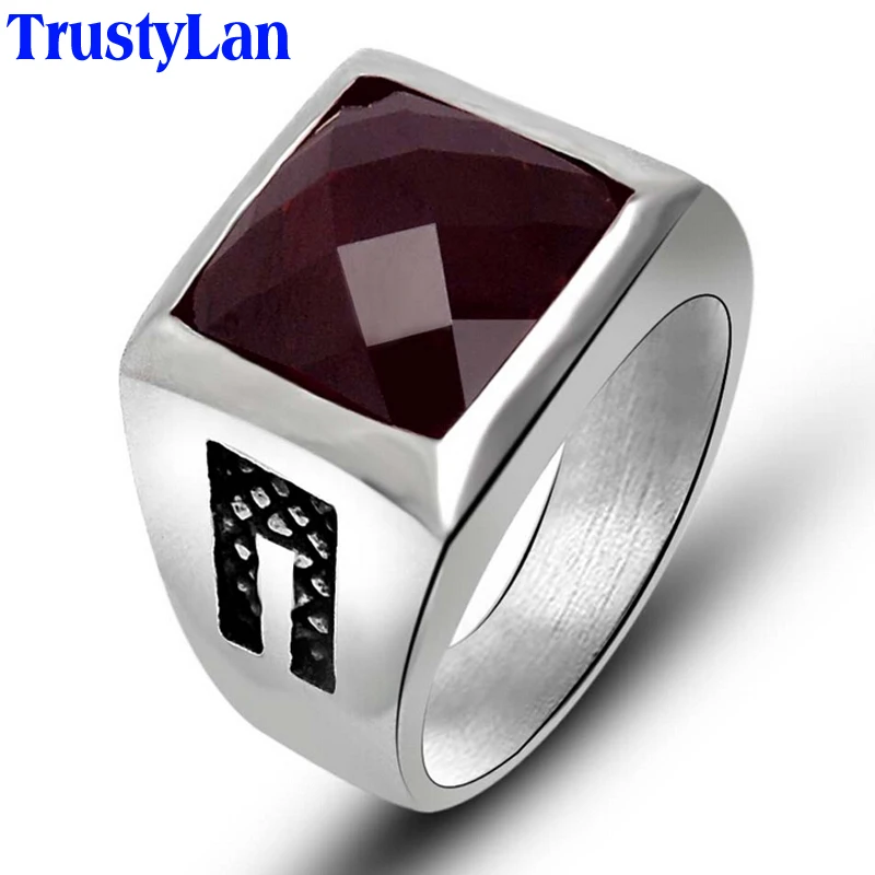 TrustyLan Модные Новые однотонные мужские кольца из нержавеющей стали с красным